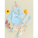 Blue baby boy carrot print suspender pants from 3-piece infant clothing set