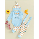 Blue baby boy carrot print suspender pants from 3-piece infant clothing set