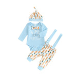 Baby boy 3-piece outfit set with rabbit print long sleeve jumpsuit carrot suspender pants and hat
