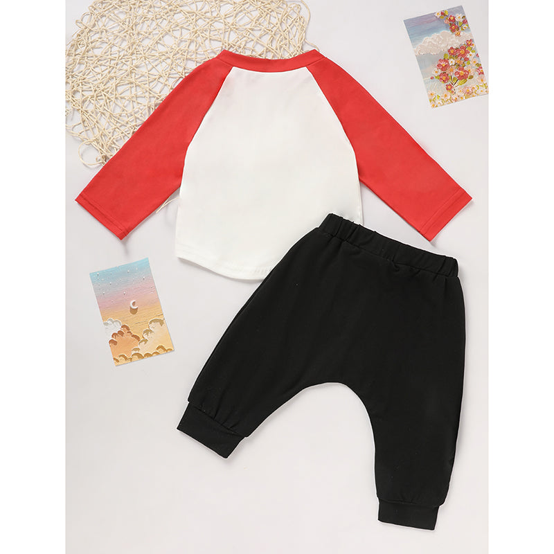 Toddler boy's black jogger pants with a contrast red heart print on the side, perfect for Valentine's Day outfit.