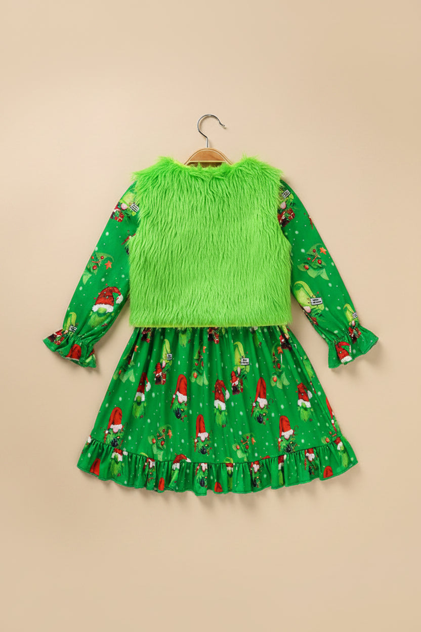 featuring a green long-sleeve cartoon print dress with a bright green fluffy vest coat displayed together.