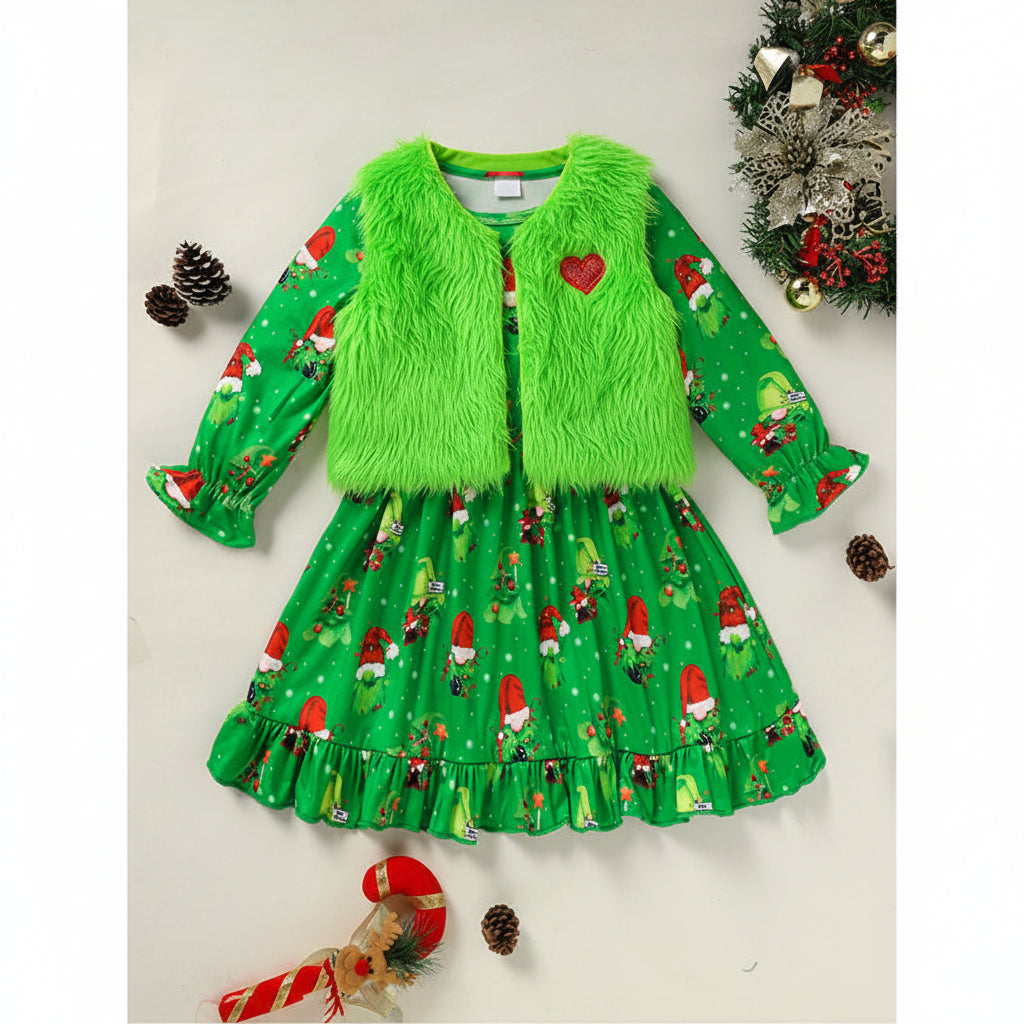 Toddler baby girl Christmas dress outfit featuring a green long-sleeve cartoon print dress and a matching green fluffy plush vest coat with a small red heart detail