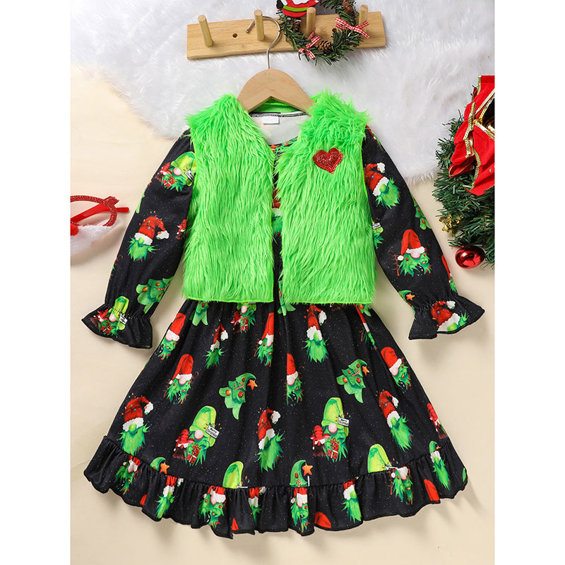 Toddler baby girl Christmas dress outfit featuring a green long-sleeve cartoon print dress and a matching green fluffy plush vest coat with a small red heart detail