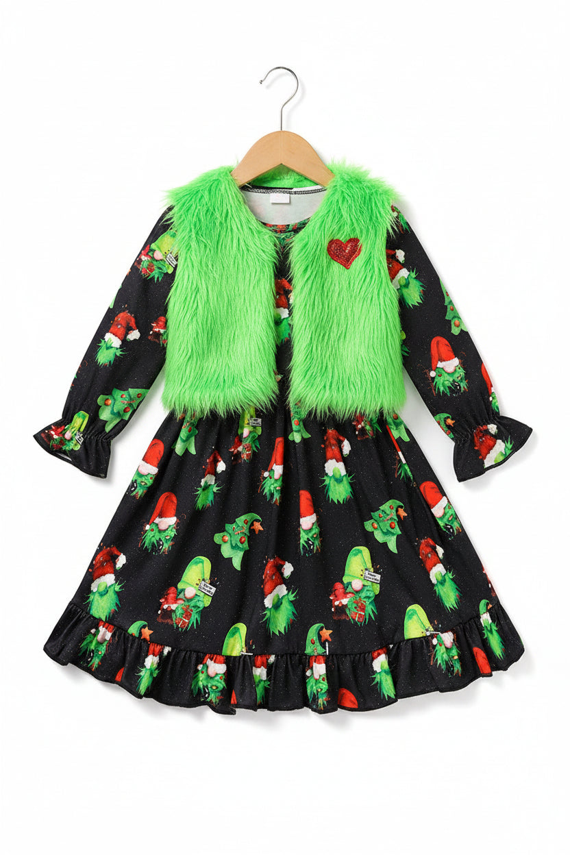 Toddler baby girl Christmas dress outfit with long sleeve cartoon print dress and green fluffy vest coat।