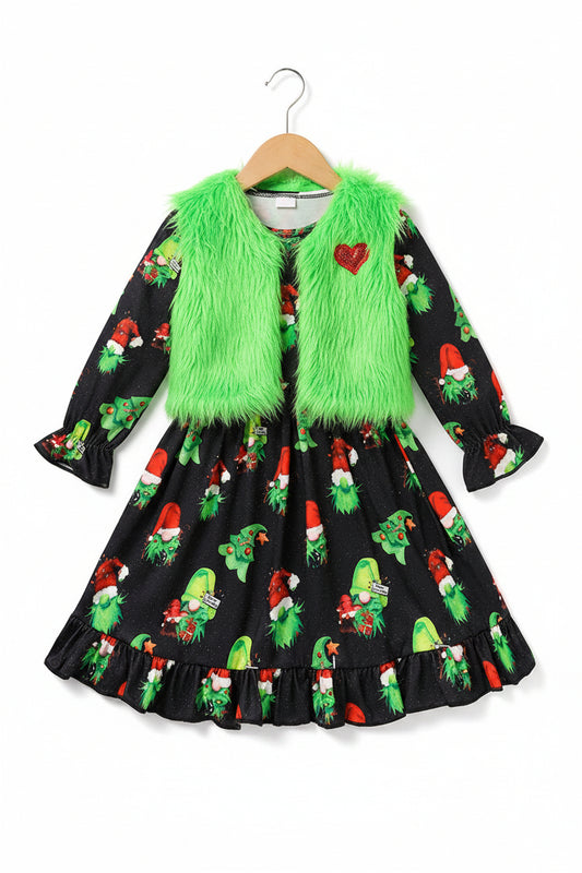 Toddler baby girl Christmas dress outfit with long sleeve cartoon print dress and heart print vest coat for holiday party wear