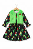 Toddler baby girl Christmas dress outfit with long sleeve cartoon print dress and heart print vest coat for holiday party wear