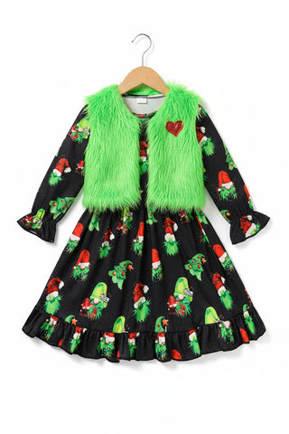 Toddler baby girl Christmas dress outfit with long sleeve cartoon print dress and heart print vest coat for holiday party wear