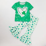 Girls Clover Print 2-Piece Outfit Set with Short Sleeve T-Shirt and Flare Leg Pants