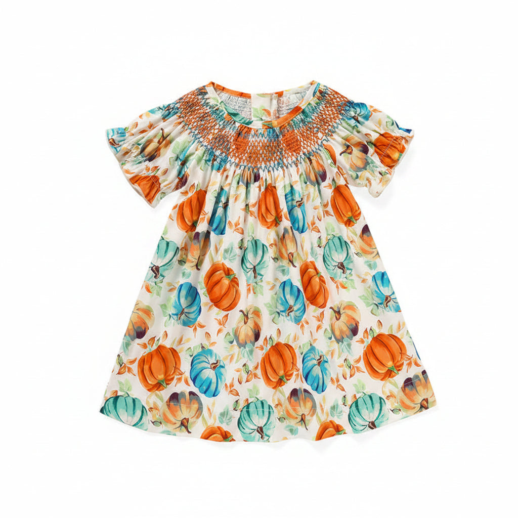 Baby Girl Fall Outfit Featuring Smocked Pumpkin Embroidery Dress