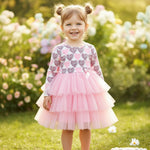 Long sleeve heart print princess dress with mesh tulle skirt for toddler girls