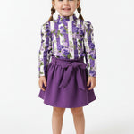 Girls Holiday Outfit Featuring Purple Rose Print Skirt and Stripe Top