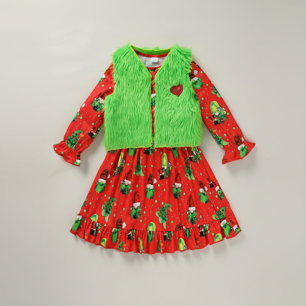 Cute baby girl Xmas outfit with cartoon print dress