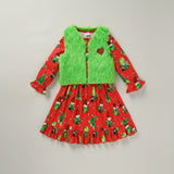 Cute baby girl Xmas outfit with cartoon print dress