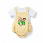 Infant baby boy first birthday outfit with safari animal suspender romper and white t-shirt set
