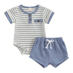 Matching waffle fabric shorts from baby boy summer romper and shorts set infant outfit
