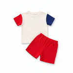 Front view of infant baby boy USA letter print color block short sleeve t-shirt for 4th of July Independence Day