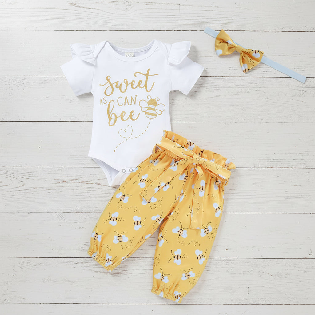 Infant Baby Girl Sweet Bee Outfit Set with Letter Print Romper and Honey Bee Pants
