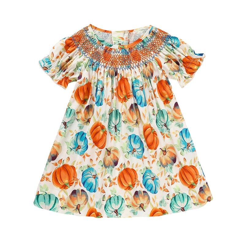 Back view of Toddler Girl Pumpkin Smocked Fall & Halloween Princess Dress