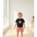 Toddler baby boy back to school outfit with apple applique black t-shirt and red gingham shorts set