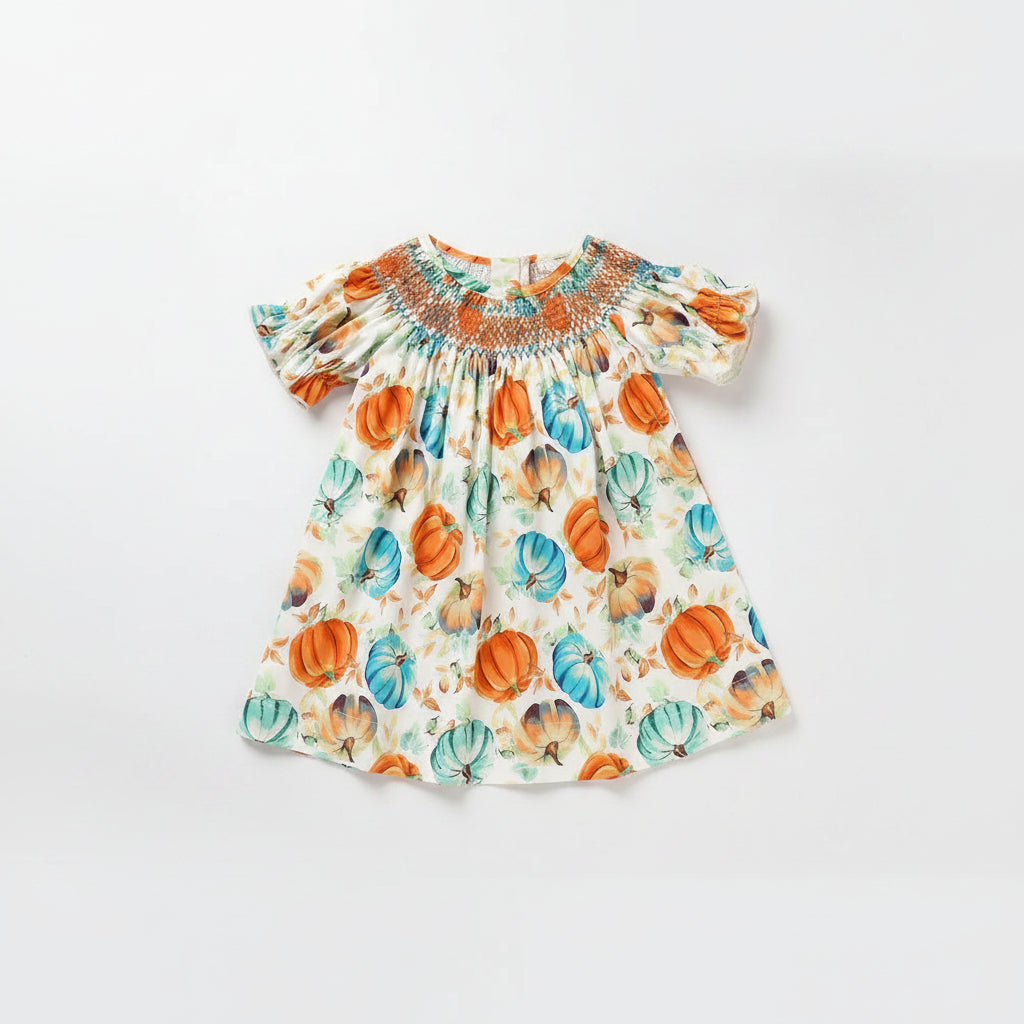 Toddler Baby Girl Pumpkin Smocked Dress with Embroidered Halloween Pumpkin Design