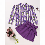 Toddler Girl Purple Rose Print Outfit with Stripe Top and Belt Skirt Set