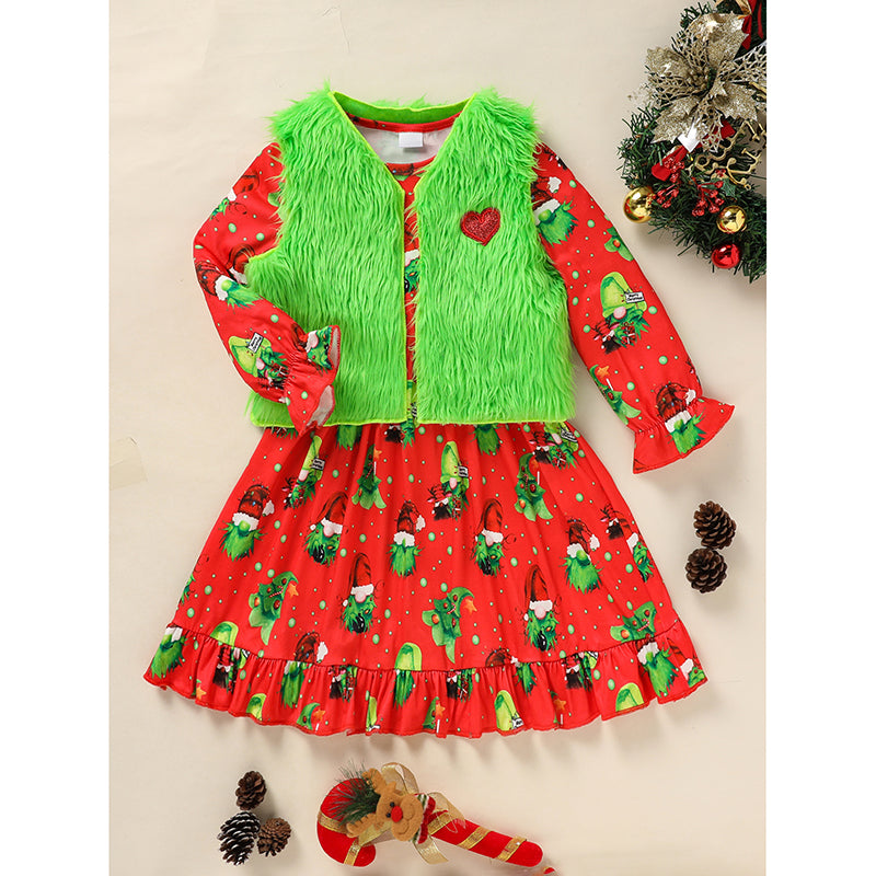Cute baby girl Xmas outfit with cartoon print dress and green plush vest