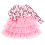 Toddler girl long sleeve heart print princess dress with pink mesh tulle skirt, perfect for Valentine's Day and birthday parties.