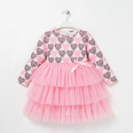 Toddler girl long sleeve heart print princess dress with pink mesh tulle skirt, perfect for Valentine's Day and birthday parties.