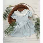 Smocked toddler girls dress with puff sleeves and classic princess silhouette.